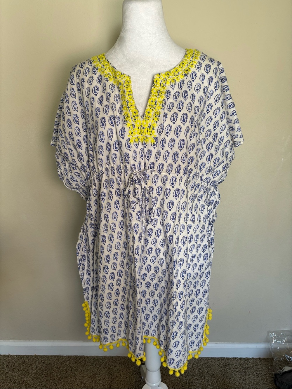 Stella & Dot Women's Cover Up One Size Cotton Paisley White Blue Pom-Pom Trim